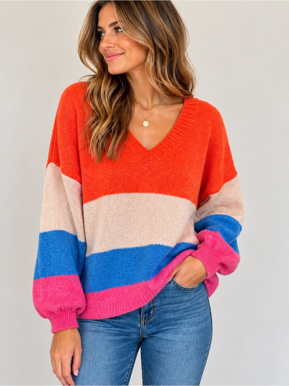 ADORA V-Neck Striped Sweater in Orange, Pink & Blue Large